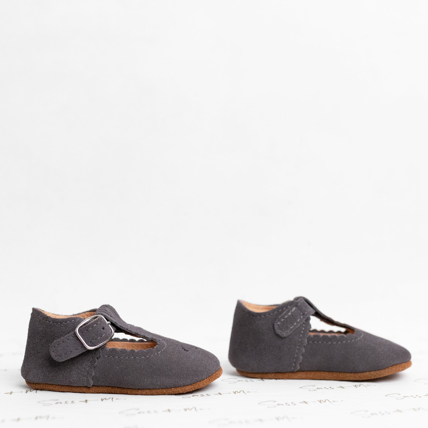 Sass & Me | Grey Suede Scallop T-Bar Shoe - Bubba & Me